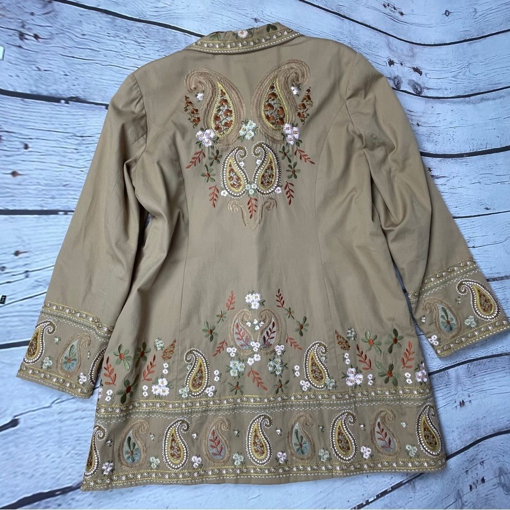 COLDWATER CREEK boho paisley floral embroidered tan coat jacket, size 14 - Picture 12 of 16